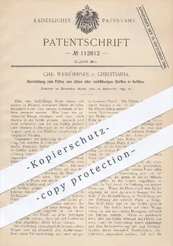 original Patent - Chr. Webjörnsen in Christiania , 1899 , Füllen von zähen o. halbflüssigen Stoffen in Gefäße !!!