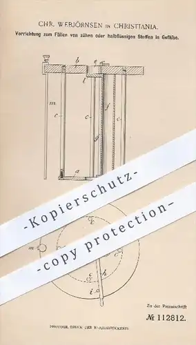 original Patent - Chr. Webjörnsen in Christiania , 1899 , Füllen von zähen o. halbflüssigen Stoffen in Gefäße !!!