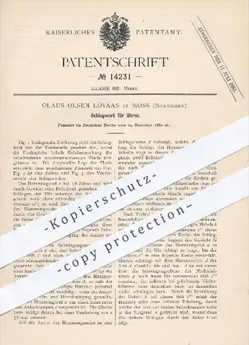 original Patent - Olaus Olsen Lövaas in Moss , Norwegen , 1880 , Schlagwerk für Uhren , Uhr , Uhrwerk , Uhrmacher !!