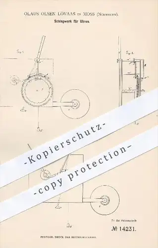 original Patent - Olaus Olsen Lövaas in Moss , Norwegen , 1880 , Schlagwerk für Uhren , Uhr , Uhrwerk , Uhrmacher !!