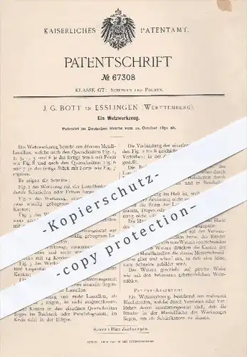 original Patent - J. G. Bott , Esslingen  1891 , Wetzwerkzeug , Wetzen , Werkzeug , Schleifen , Blech , Schmied , Fräsen