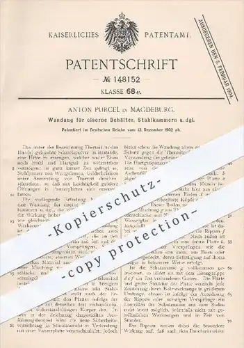 original Patent - Anton Purcel in Magdeburg , 1902 , Wandung für eiserne Behälter , Stahlkammern / Eisen , Stahl , Guss