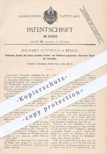 original Patent - H. Justinius , Berlin , 1896 , federnder Rahmen für Fahrräder , Fahrrad , Rad , Räder , Gestell !!!