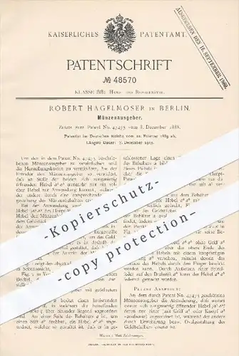 original Patent - Robert Hagelmoser , Berlin , 1889 , Münzenausgeber , Geldbehälter , Geld , Münze , Münzen !!!