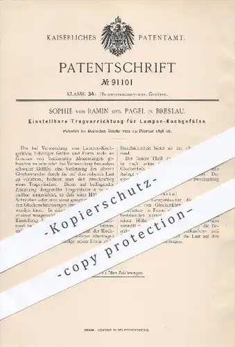 original Patent - Sophie von Ramin geb. Pagel in Breslau , 1896 , Tragvorrichtung für Lampen - Kochgefäße , Kochen !!!