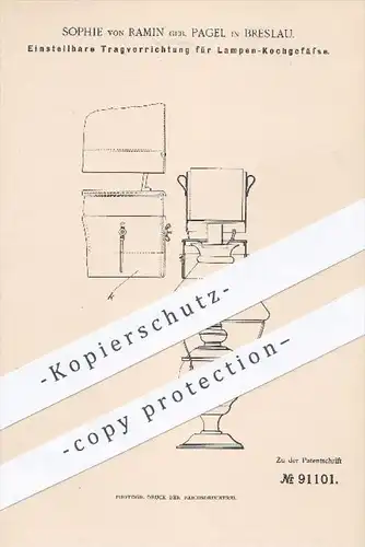 original Patent - Sophie von Ramin geb. Pagel in Breslau , 1896 , Tragvorrichtung für Lampen - Kochgefäße , Kochen !!!