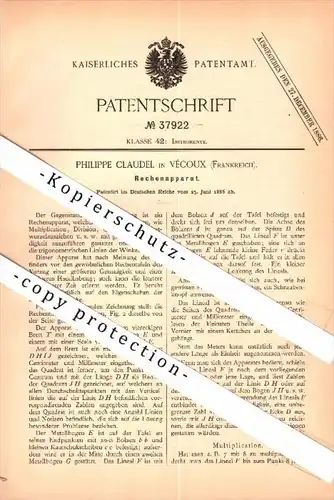 Original Patent - Philippe Claudel à Vecoux , Vosges , 1906 , appareil de calcul , mathématiques , école !!!