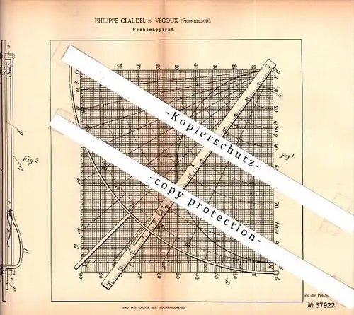 Original Patent - Philippe Claudel à Vecoux , Vosges , 1906 , appareil de calcul , mathématiques , école !!!