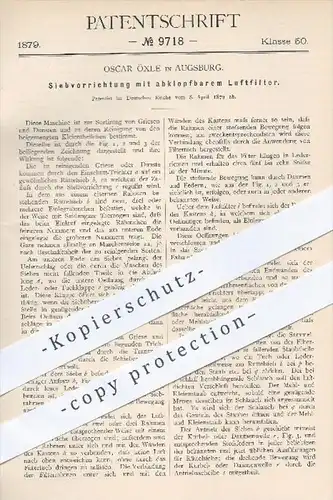 original Patent - Oscar Öxle , Augsburg , 1879 , Siebvorrichtung mit abklopfbarem Luftfilter , Sieb , Mühle , Mühlen !!!