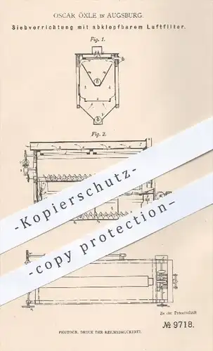 original Patent - Oscar Öxle , Augsburg , 1879 , Siebvorrichtung mit abklopfbarem Luftfilter , Sieb , Mühle , Mühlen !!!