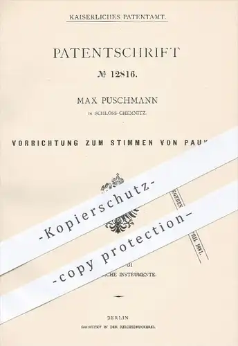 original Patent - Max Puschmann , Schloss Chemnitz , 1880 , Stimmen von Pauken , Pauke , Musikinstrumente , Musik !!!