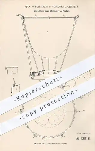 original Patent - Max Puschmann , Schloss Chemnitz , 1880 , Stimmen von Pauken , Pauke , Musikinstrumente , Musik !!!