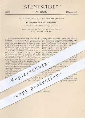 original Patent - Paul Kirchhoff in Mittweida , 1880 , Oldham - Ventilator , Ventilatoren , Gebläse , Lüftungen , Luft !