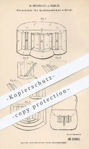 original Patent - M. Merzbach in Berlin , 1879 , Verschluss für Geldtaschen , Brieftaschen , Taschen , Portemonnaie !!!