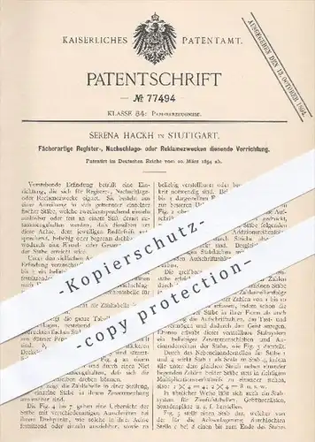 original Patent - Serena Hackh , Stuttgart  1894 , Fächerartige Einrichtung als Register , Reklame , Kartei , Bürobedarf