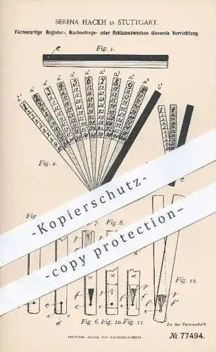 original Patent - Serena Hackh , Stuttgart  1894 , Fächerartige Einrichtung als Register , Reklame , Kartei , Bürobedarf