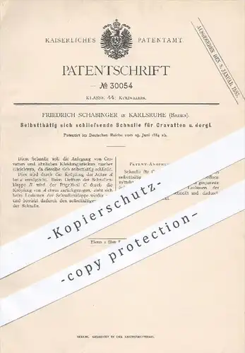 original Patent - Friedrich Schabinger in Karlsruhe , 1884 , Schnalle für Krawatten , Krawatte , Schlips , Mode !!!