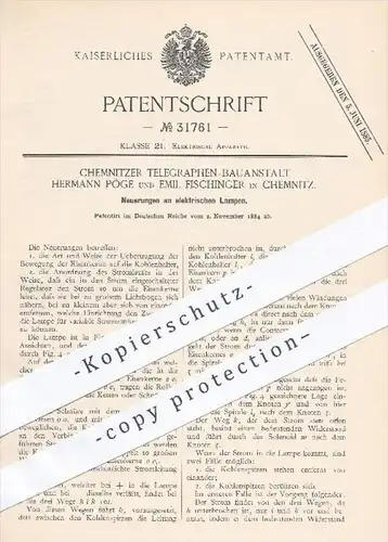 original Patent - Telegraphen - Bauanstalt H. Pöge u. E. Fischinger , Chemnitz , 1884 , elektrische Lampen , Elektrik