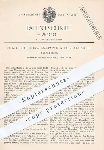 original Patent - Fritz Dittler , Gschwindt & Co. , Karlsruhe , 1888 , Türschloss , Schloss , Tür , Türen , Schlosser !
