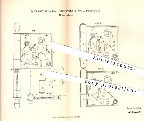 original Patent - Fritz Dittler , Gschwindt & Co. , Karlsruhe , 1888 , Türschloss , Schloss , Tür , Türen , Schlosser !