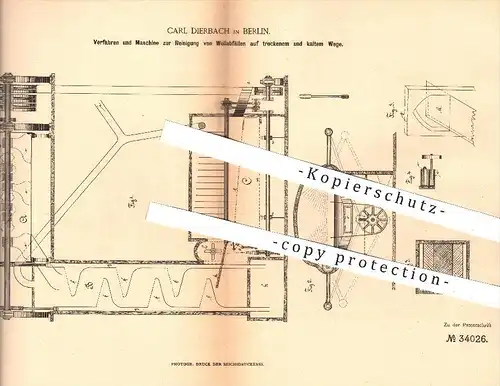 original Patent - Carl Dierbach in Berlin , 1885 , Maschine zur Reinigung von Wollabfall , Wolle , Spinnerei , Spinnrad