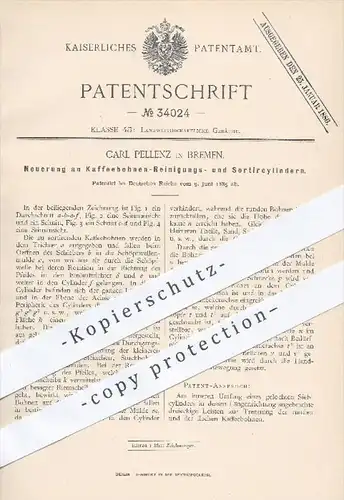 original Patent - Carl Pellenz in Bremen , 1885 , Reinigungs- u. Sortierzylinder für Kaffeebohnen , Kaffee , Rösterei !!