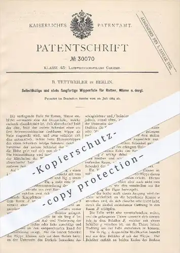 original Patent - B. Tettweiler in Berlin , 1884 , Wippen - Falle für Ratten, Mäuse , Tierfalle , Mausefalle !!!