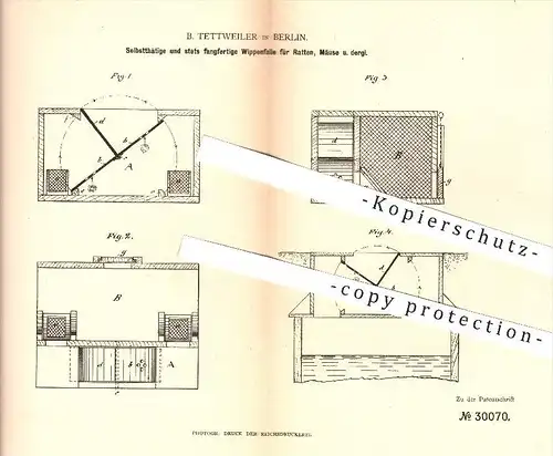 original Patent - B. Tettweiler in Berlin , 1884 , Wippen - Falle für Ratten, Mäuse , Tierfalle , Mausefalle !!!