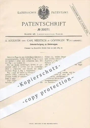 original Patent - A. Augustin u. C. Meditsch , Göppingen , 1883 , Zinkenbefestigung an Gliedereggen , Egge , Eggen !!!