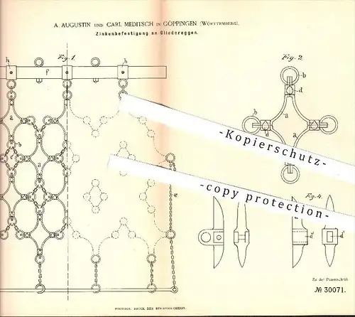 original Patent - A. Augustin u. C. Meditsch , Göppingen , 1883 , Zinkenbefestigung an Gliedereggen , Egge , Eggen !!!
