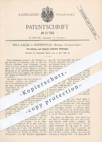 original Patent - Wilh. Racke in Schweinfurt , 1884 , Kuppeln mehrerer Reitwagen , Kupplung , Kutsche , Pferdekutsche !!