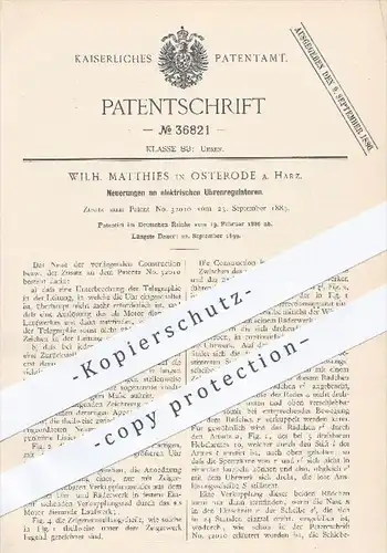 original Patent - W. Matthies , Osterode / Harz , 1886 , elektrische Uhren - Regulatoren , Uhr , Regulator , Uhrmacher