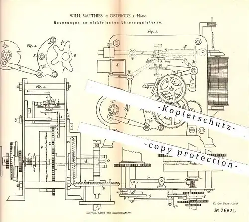 original Patent - W. Matthies , Osterode / Harz , 1886 , elektrische Uhren - Regulatoren , Uhr , Regulator , Uhrmacher