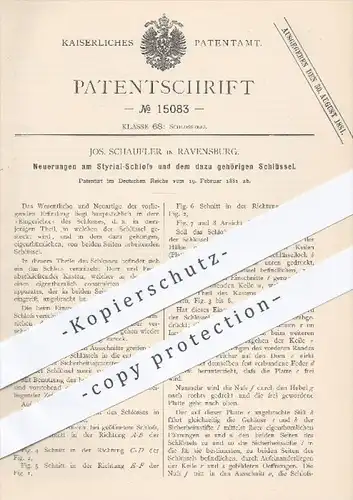 original Patent - Jos. Schaufler in Ravensburg , 1881 , Styrial - Schloss mit Schlüssel , Türschloss , Schlosser !!!