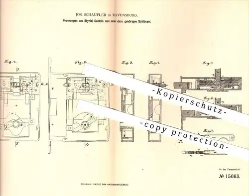 original Patent - Jos. Schaufler in Ravensburg , 1881 , Styrial - Schloss mit Schlüssel , Türschloss , Schlosser !!!