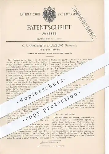 original Patent - C. F. Abromeit , Lauenburg , Pommern , 1888 , Türschließer , Tür , Türen , Schlosser , Schlosserei !