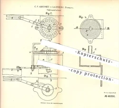 original Patent - C. F. Abromeit , Lauenburg , Pommern , 1888 , Türschließer , Tür , Türen , Schlosser , Schlosserei !