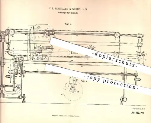 original Patent - C. E. Schwalbe in Werdau , 1893 , Vliesleger für Krempeln , Krempel , Spinnrad , Spinnen , Spinnerei