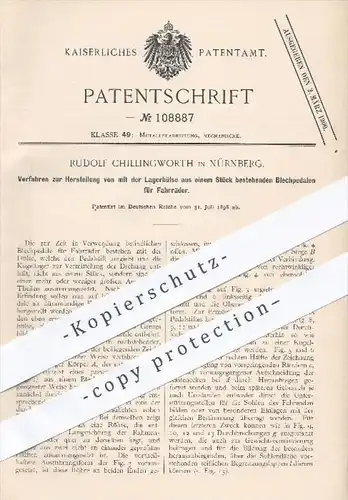 original Patent - Rudolph Chillingworth in Nürnberg , 1898 , Blechpedalen für Fahrräder , Pedal , Fahrrad , Kugellager !