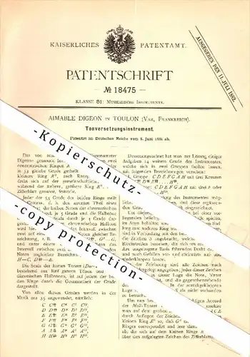 Original Patent - Aimable Digedon in Toulon , Var , 1881 , Ton-Versetzungsinstrument , Musik !!!