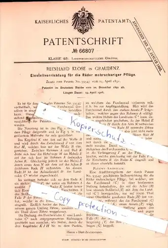 Original Patent  - Reinhard Klose in Graudenz , 1891 , Landwirthschaftliche Geräthe !!!