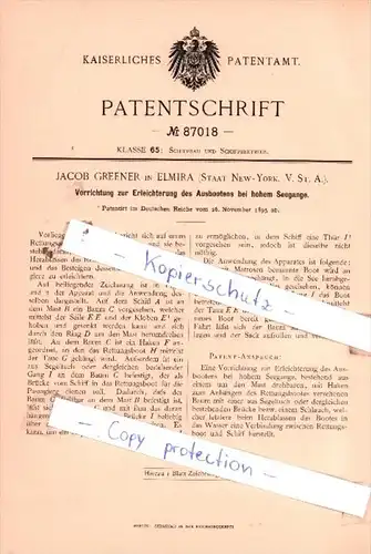 Original Patent  - Jacob Greener in Elmira , Staat New-York , 1895 , Schiffbau und Schiffsbetrieb !!!