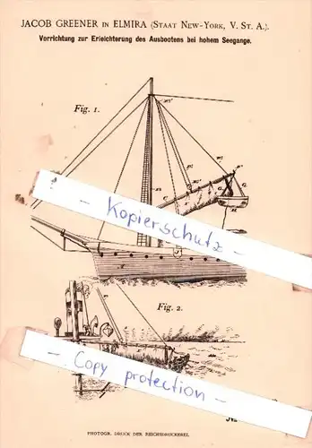 Original Patent  - Jacob Greener in Elmira , Staat New-York , 1895 , Schiffbau und Schiffsbetrieb !!!