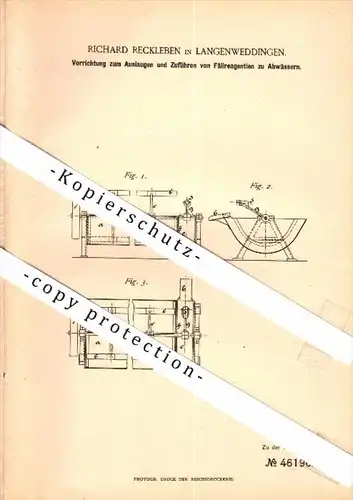 Original Patent - Richard Reckleben in Langenweddingen b. Sülzetal , 1888 , Apparat für Wasserwerk , Abwasser !!!