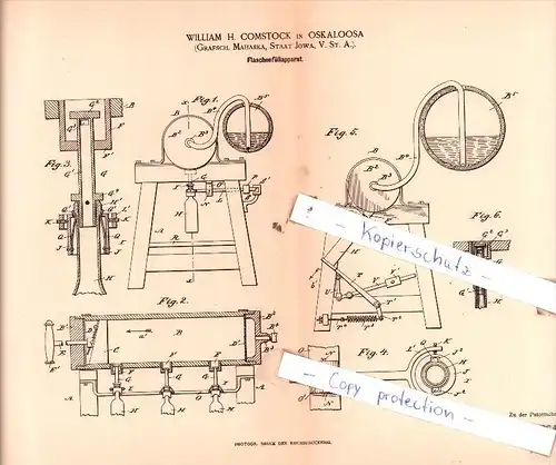 Original Patent  - Wiliam H. Comstock in Oskaloosa , 1888 , Flaschenfüllapparat !!!