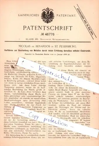 Original Patent  - Nicolas de Benardos in St. Petersburg , 1888 , Mechanische Metallbearbeitung !!!