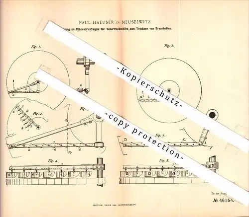 Original Patent - Paul Haeuser in Meuselwitz , 1887 , Trockenofen für Braunkohle , Bergbau , Zeche , Grube , Häuser !!!