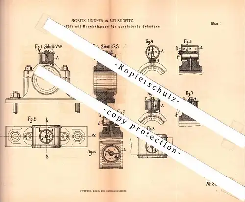 Original Patent - Moritz Lindner in Meuselwitz , 1885 , Schmiergefäß mit Druckklappen , Maschinenbau !!!