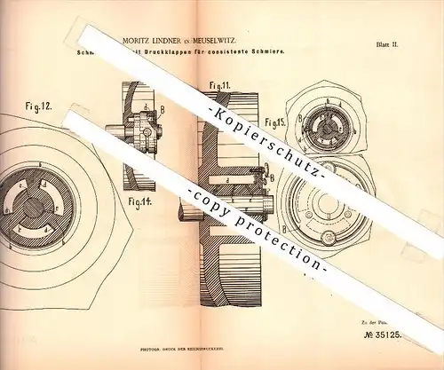 Original Patent - Moritz Lindner in Meuselwitz , 1885 , Schmiergefäß mit Druckklappen , Maschinenbau !!!