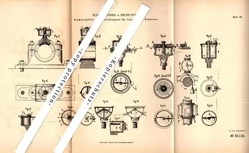 Original Patent - Moritz Lindner in Meuselwitz , 1885 , Schmiergefäß mit Druckklappen , Maschinenbau !!!